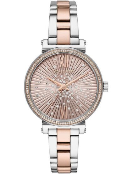 Marque: Michael Kors Modèle: Sofie Boîtier: Diamètre : 36 mm Épaisseur : 7 mm Acier inoxydable Argenté Cadran: Verre : Minéral Rose Gold Bracelet: Largeur : 14 mm Acier inoxydable Argenté Rose Gold Etanchéité: 50 m (5 ATM) Type de boucle: Boucle déployante
