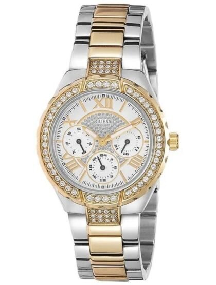 Marque: GUESS Modèle: Park Ave Boîtier: Diamètre : 36 mm Epaisseur : 9 mm Acier inoxydable Argent, doré Cadran: Verre : Minéral Argent Bracelet: Largeur : 19 mm Acier Inoxydable Argent, doré Etanchéité: 30 m (3 ATM) Type de boucle: Boucle déployante