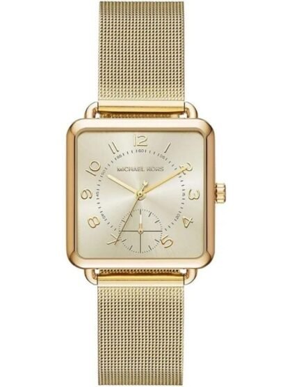 Marque: Michael Kors Modèle: Brenner Boîtier: Diamètre : 31 mm Epaisseur : 8 mm Acier inoxydable Doré Cadran: Verre : Minéral Doré Bracelet: Largeur : 18 mm Acier inoxydable Doré Etanchéité: 50 m (5 ATM) Type de boucle: Boucle déployante