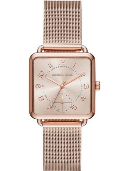 Marque: Michael Kors Modèle: Brenner Boîtier: Diamètre : 31 mm Epaisseur : 8 mm Acier inoxydable Rose Gold Cadran: Verre : Minéral Rose Gold Bracelet: Largeur : 18 mm Acier inoxydable Doré Etanchéité: 50 m (5 ATM) Type de boucle: Boucle déployante