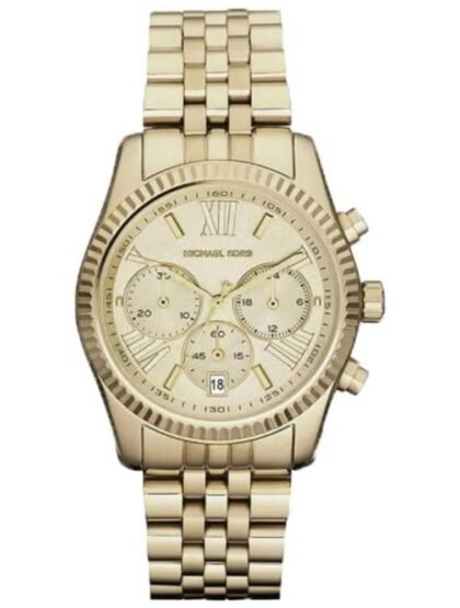 Marque: Michael Kors Modèle: Lexington Boîtier: Diamètre : 38 mm Epaisseur : 12 mm Acier inoxydable doré Cadran: Verre : Minéral Argent Bracelet: Largeur : 20 mm Acier inoxydable Argent, doré Etanchéité: 100 m (10 ATM) Type de boucle: Boucle déployante Détails techniques: Dateur Chronomètre