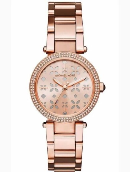 Marque: Michael Kors Modèle: Parker Boîtier: Diamètre : 33 mm Epaisseur : 9 mm Acier inoxydable Doré Cadran: Verre : Minéral Doré Bracelet: Largeur : 15 mm Acier inoxydable Doré Etanchéité: 100 m (10 ATM) Type de boucle: Boucle déployante