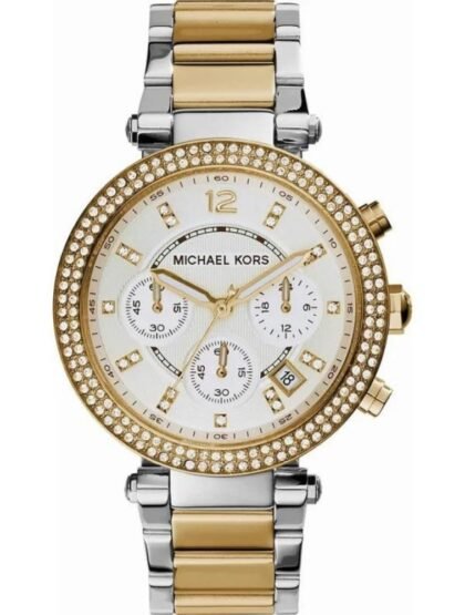 Marque: Michael Kors Modèle: Parker Boîtier: Diamètre : 39 mm Epaisseur : 11.5 mm Acier inoxydable Doré Cadran: Verre : Minéral Argent Bracelet: Largeur : 20 mm Acier inoxydable Argent, doré Etanchéité: 100 m (10 ATM) Type de boucle: Boucle déployante Détails techniques: Dateur Chronomètre