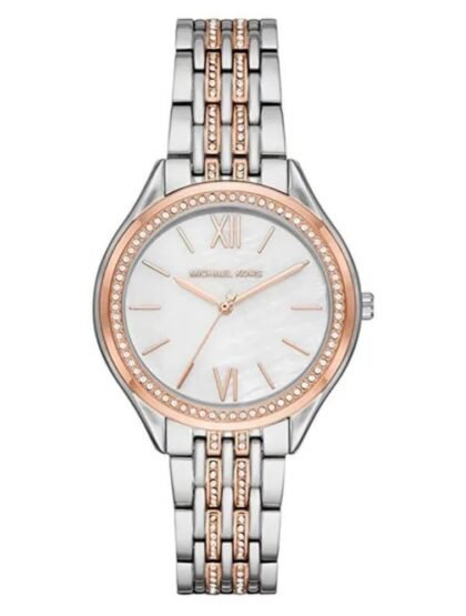 Marque: Michael Kors Modèle:RITZ Mindy Boîtier: Diamètre : 36 mm Epaisseur : 8 mm Acier inoxydable Bronze ARGENTE Cadran: Verre : Minéral Bronze ARGENTE Bracelet: Acier inoxydable Bronze Etanchéité: 50 m (5 ATM) Type de boucle: Boucle déployant