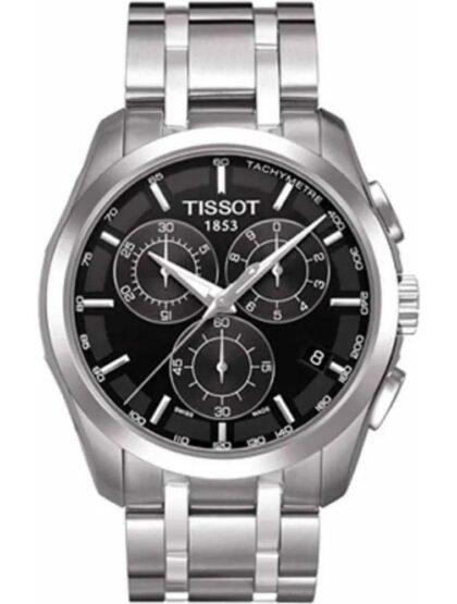 Marque: TISSOT Modèle: Couturier Boîtier: Diamètre : 41 mm Epaisseur : 11 mm Acier inoxydable Argent Cadran: Verre : Minéral Noir Bracelet: Largeur : 23 mm Acier inoxydable Argent Etanchéité: 100 m (10 ATM) Type de boucle: Boucle déployante Détails techniques: Dateur Chronomètre