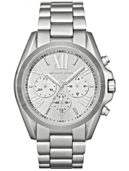 Marque: Michael Kors Modèle: Bradshaw Boîtier: Diamètre : 43 mm Epaisseur : 13 mm Acier inoxydable Argent Cadran: Verre : Minéral Argent Bracelet: Largeur : 22 mm Acier inoxydable Argent Etanchéité: 100 m (10 ATM) Type de boucle: Boucle déployante Détails techniques: Dateur Chronomètre