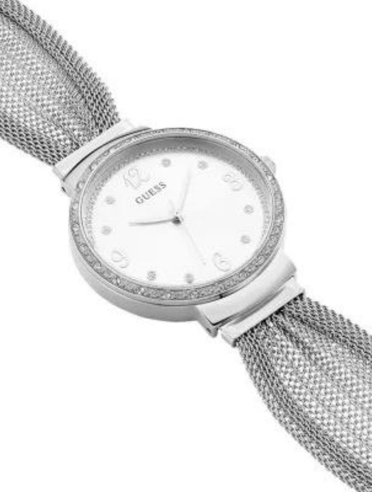Montre femme Guess W1083L1 – Chiffon argentée, strass & maille acier – Image 3
