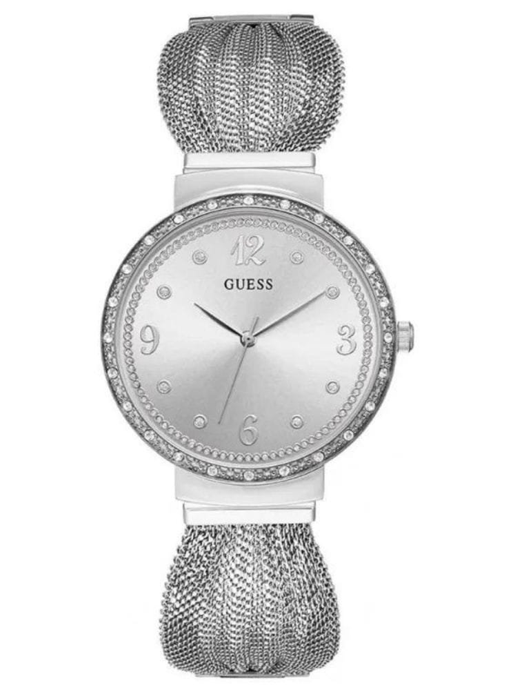 Montre femme Guess W1083L1 – Chiffon argentée, strass & maille acier