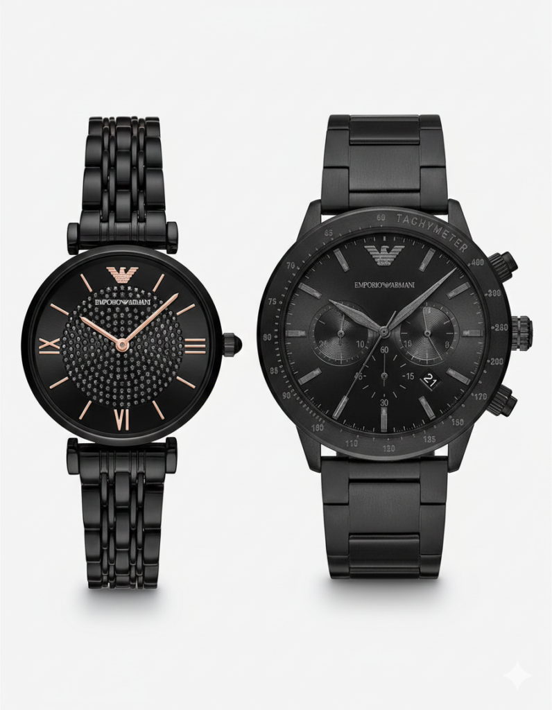 Montre Pack Duo Montres Emporio Armani Acier Noir – Coffret Cadeau Saint Valentin Couple Maroc (AR11242 & AR11245)