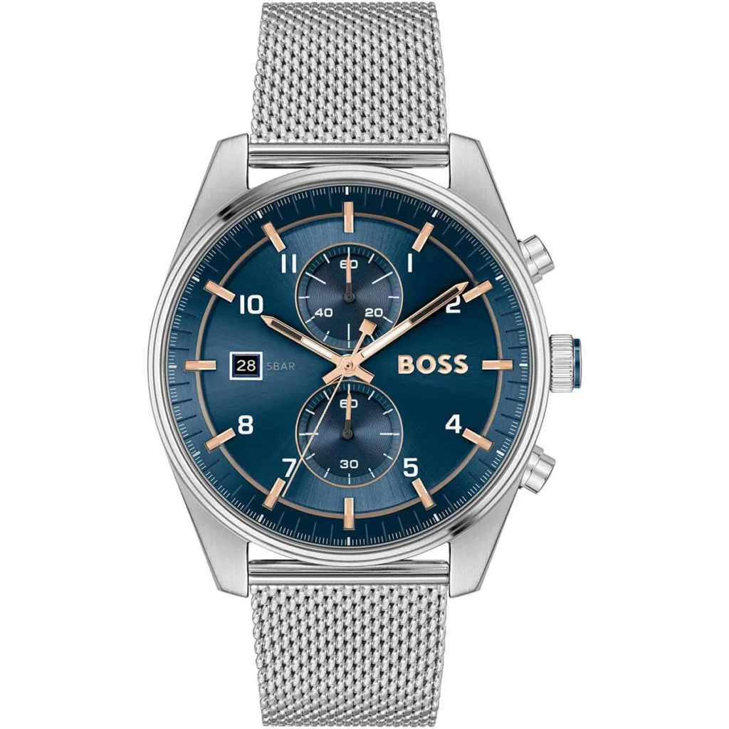 Montre homme Boss Skytraveller 1514149 44 mm en acier inoxydable avec cadran bleu et chronographe