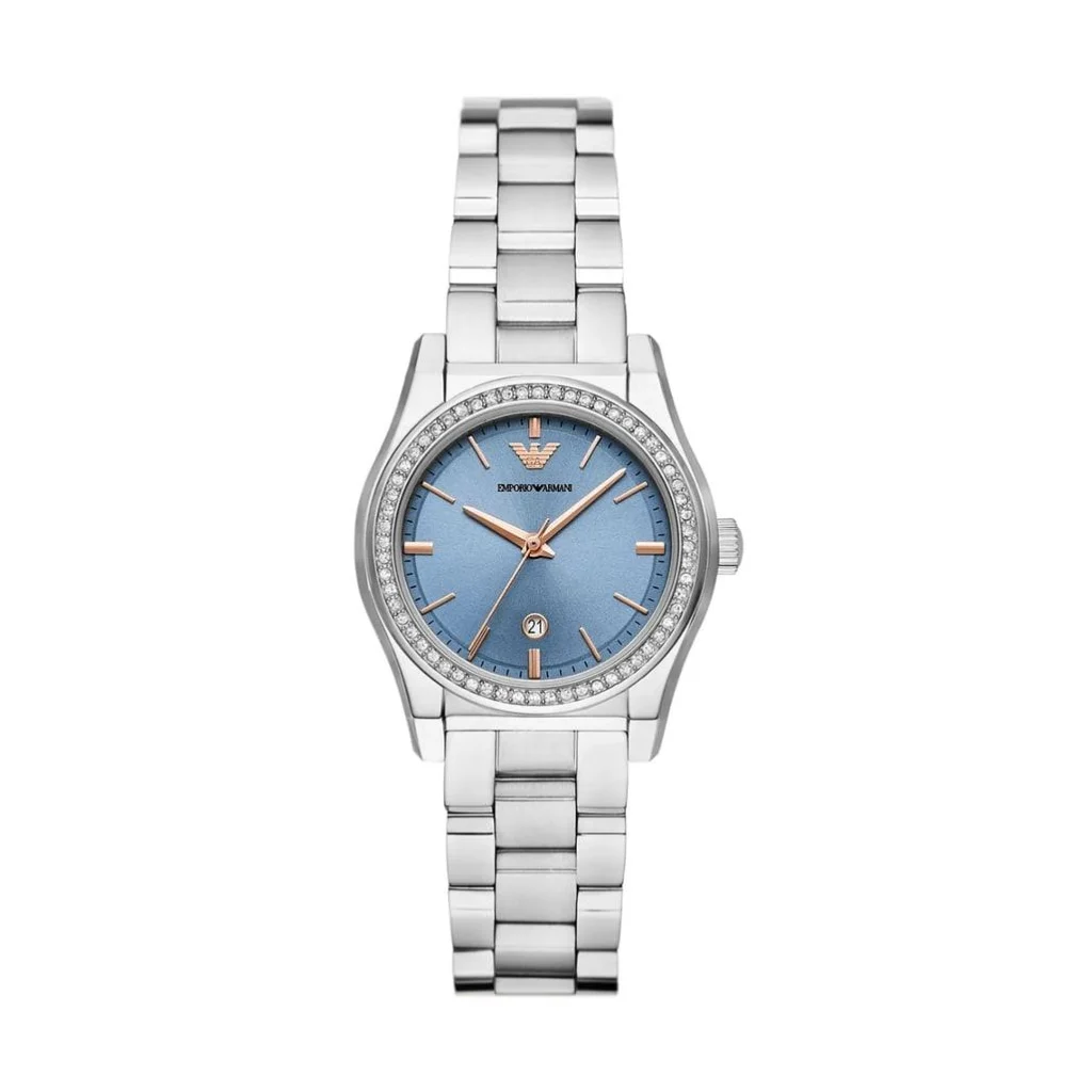 Montre Emporio Armani AR11593 Federica en acier inoxydable argenté avec cadran bleu glacier Femme