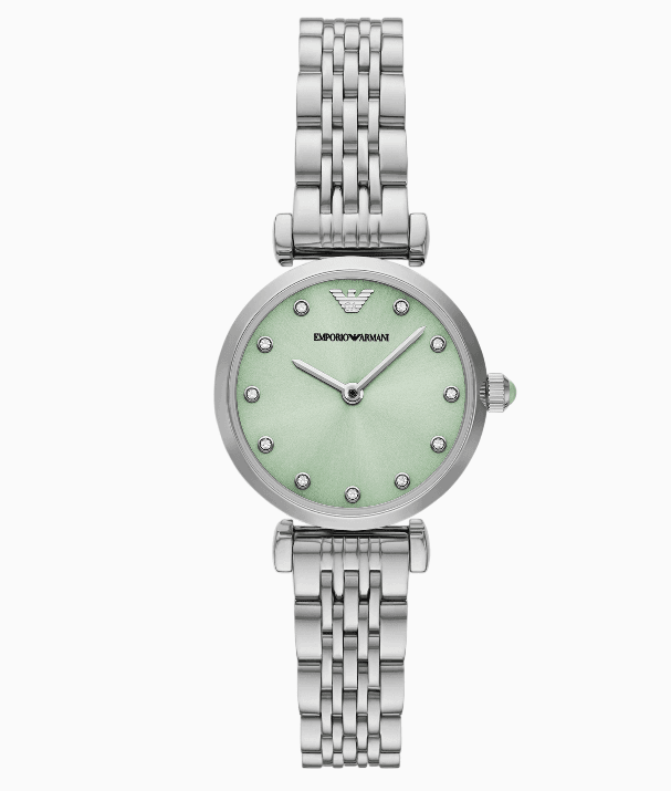 Montre femme Emporio Armani AR11667 en acier inoxydable avec cadran vert clair et bracelet argenté