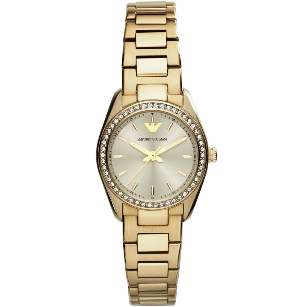 Montre Emporio Armani Tazio Small AR6031 Montre Femme Dorée Cadran Gris Cristaux