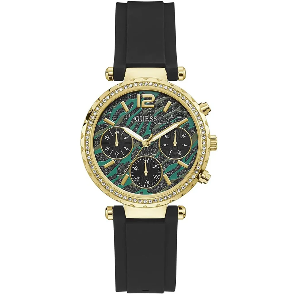 Montre Guess GW0113L1 Solstice montre femme dorée avec cadran vert et bracelet silicone noir