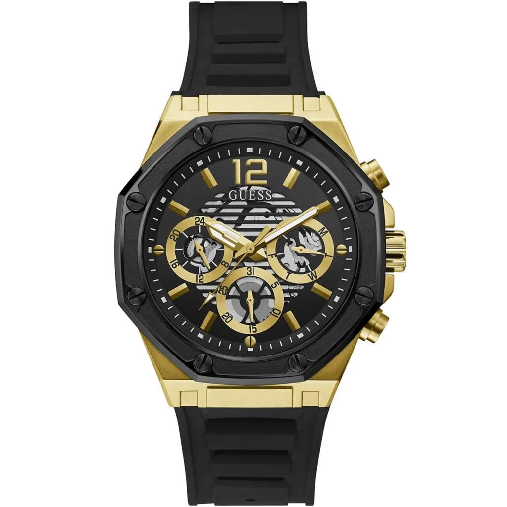 Montre Guess GW0263G1 Momentum montre homme dorée avec cadran noir et bracelet silicone noir