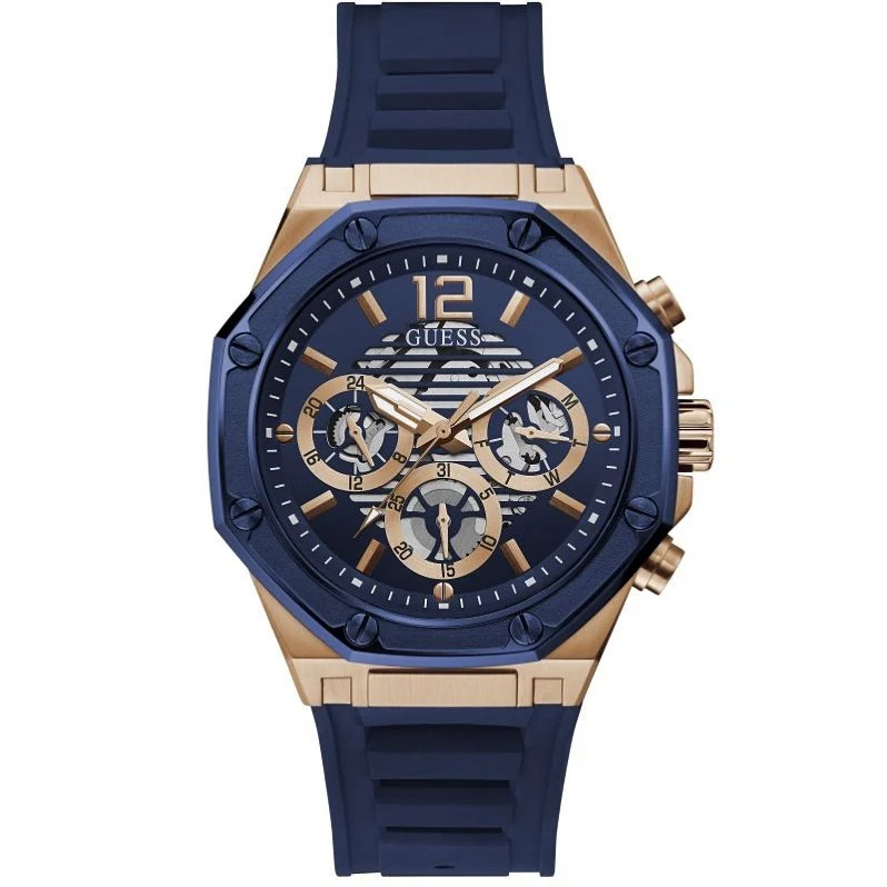 Montre Guess GW0263G2 Momentum montre homme dorée rose avec cadran bleu et bracelet silicone bleu