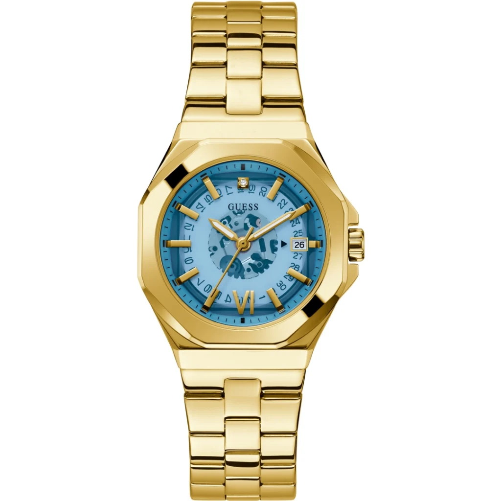 Montre femme Guess Empress GW0551L2 en acier doré avec cadran bleu translucide et date