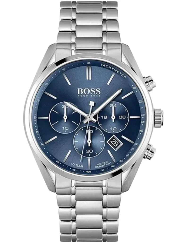 Montre Hugo Boss 1513818 Champion de face, cadran bleu, trois sous-cadrans, date et bracelet en acier