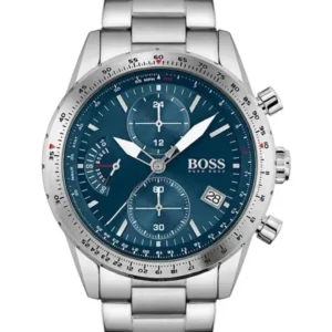 Montre Hugo Boss 1513850 homme de face, cadran bleu avec compteurs, lunette graduée et bracelet en acier