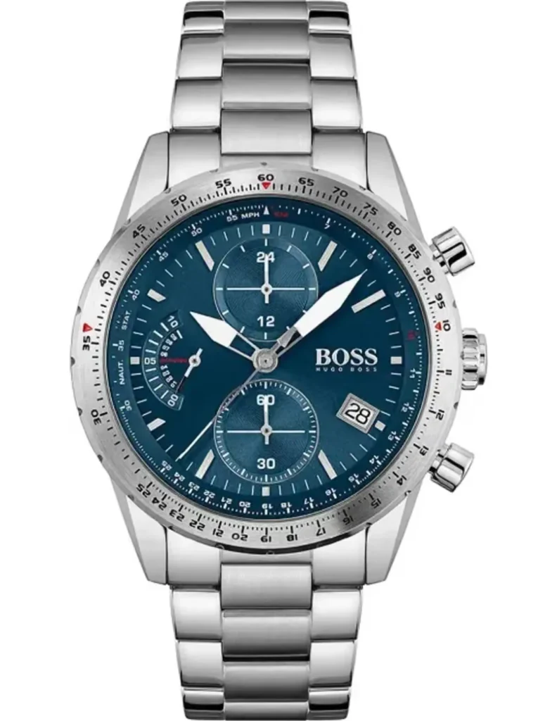 Montre Hugo Boss 1513850 homme de face, cadran bleu avec compteurs, lunette graduée et bracelet en acier