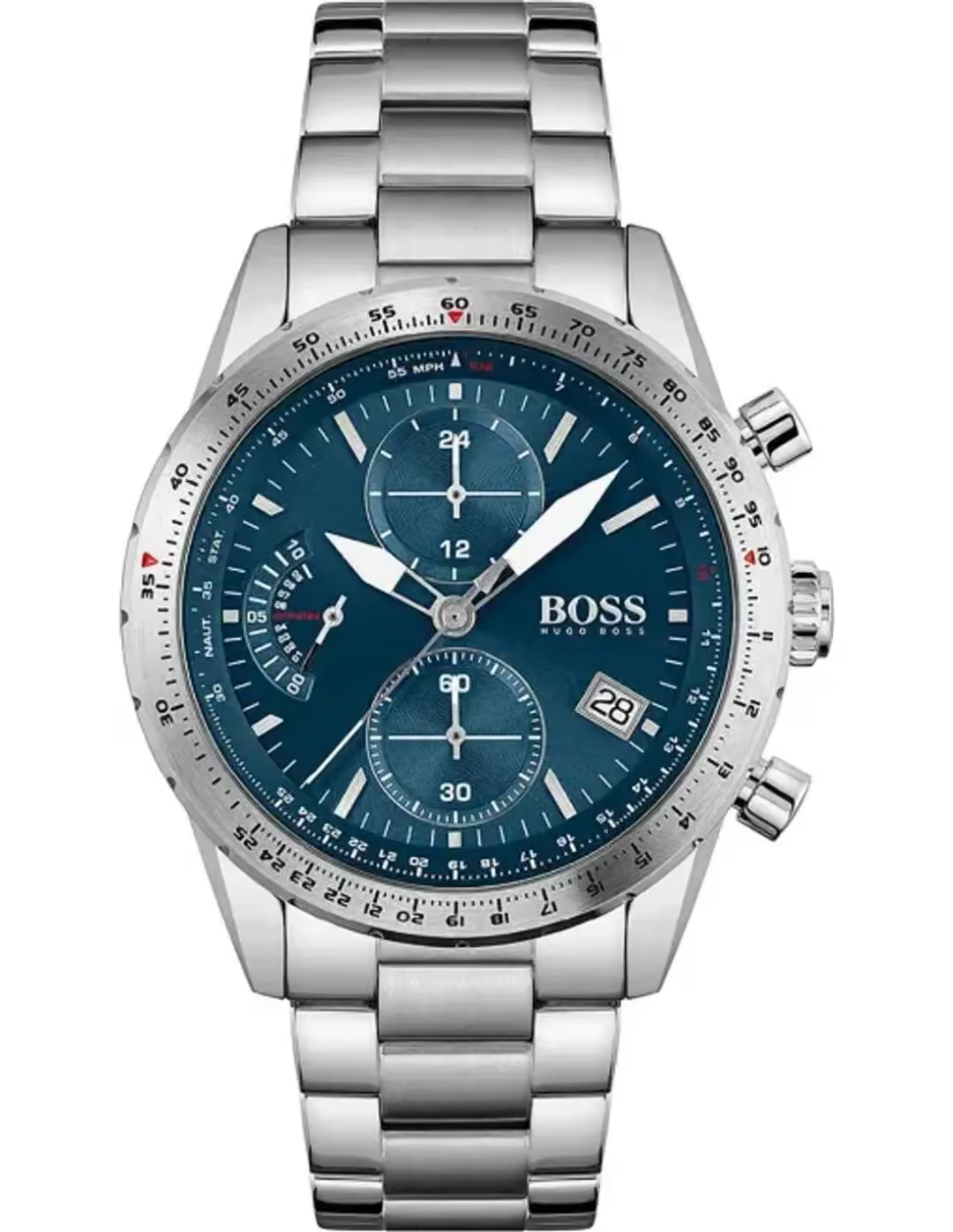 Montre Hugo Boss 1513850 homme de face, cadran bleu avec compteurs, lunette graduée et bracelet en acier
