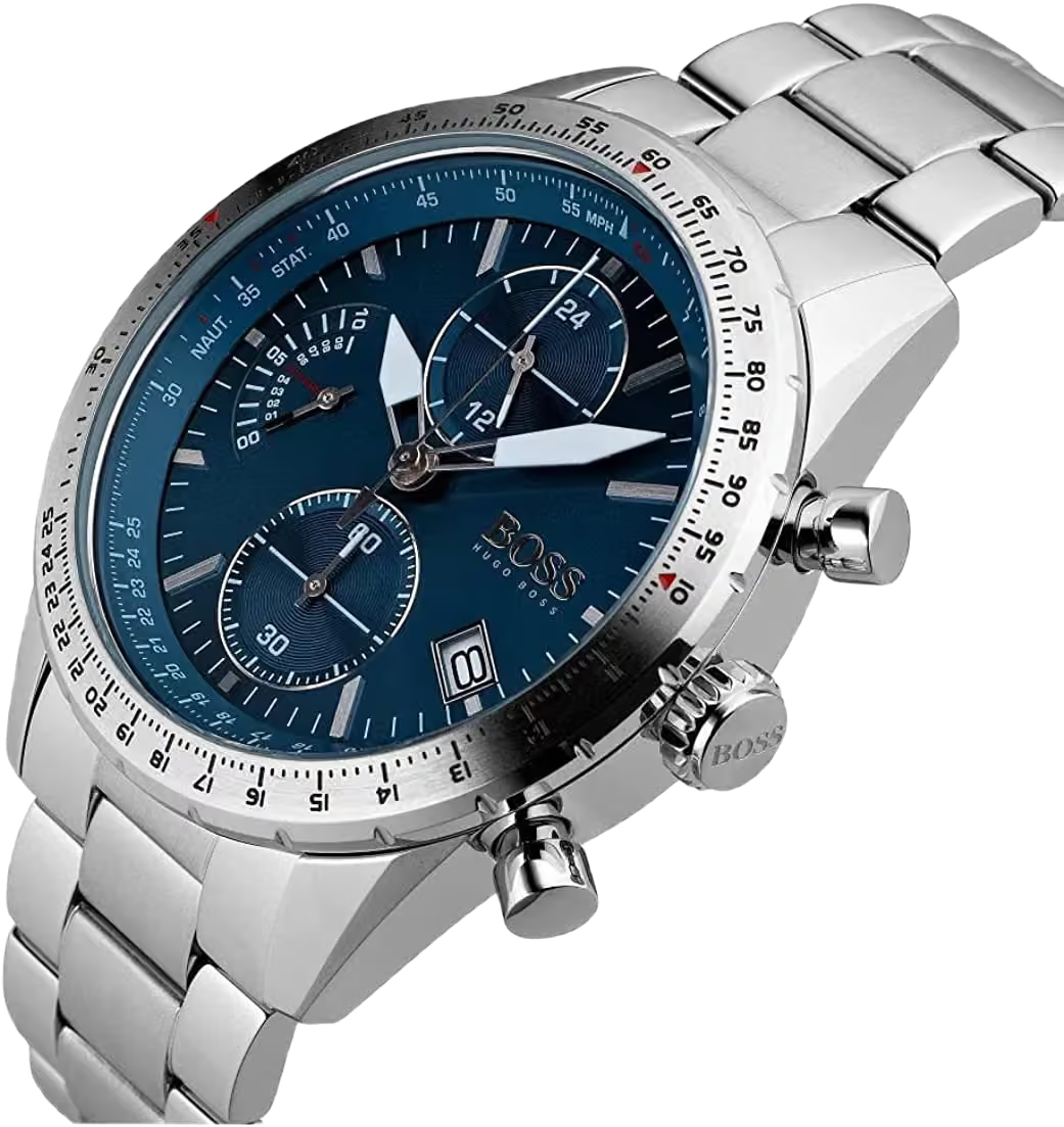 Montre Hugo Boss 1513850 vue en biais montrant le cadran bleu, la couronne BOSS et les poussoirs
