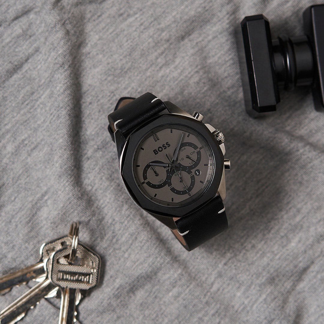 Montre Homme Hugo Boss Cloud 1514014 Chronographe Gris 42mm, Lunette Octogonale et Bracelet Cuir – Image 2