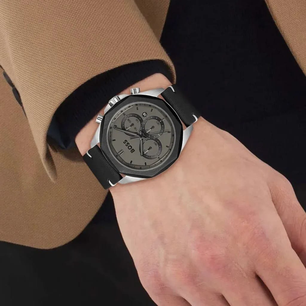 Montre Homme Hugo Boss Cloud 1514014 Chronographe Gris 42mm, Lunette Octogonale et Bracelet Cuir – Image 5