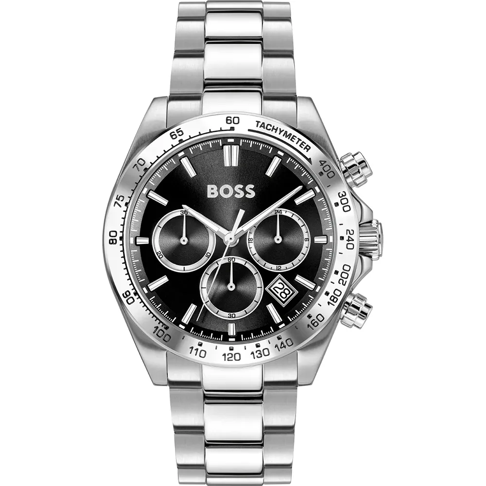 Montre Hugo Boss 1514267 Hero 2.0 de face, cadran noir, sous-cadrans cerclés et lunette tachymètre argentée