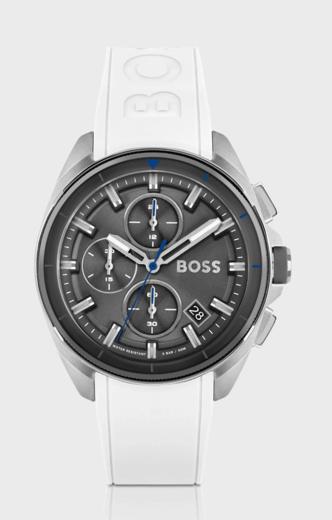 Montre Hugo Boss Volane 1513948 – Chronographe Homme Cadran Gris & Bracelet Silicone Blanc
