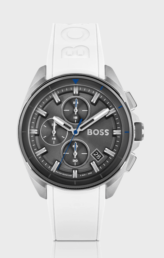 Montre Hugo Boss Volane 1513948 – Chronographe Homme Cadran Gris & Bracelet Silicone Blanc