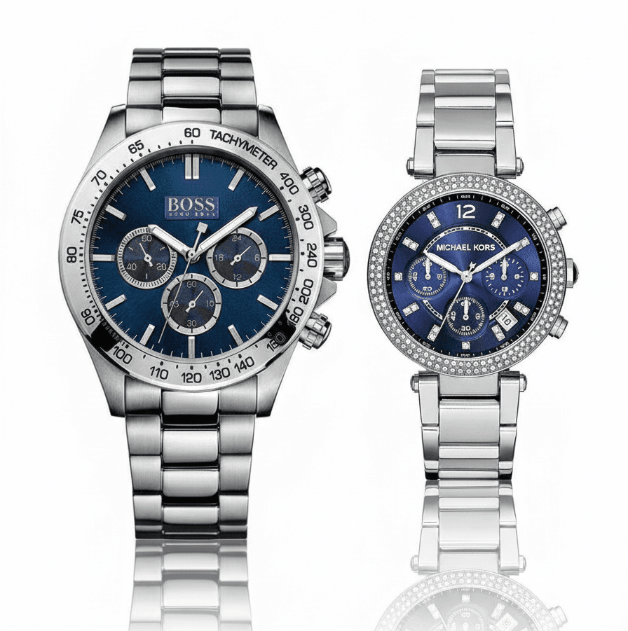 Montre Idée Cadeau Couple Saint Valentin Glamour : Duo Hugo Boss Ikon & Michael Kors Parker (Bleu & Acier)