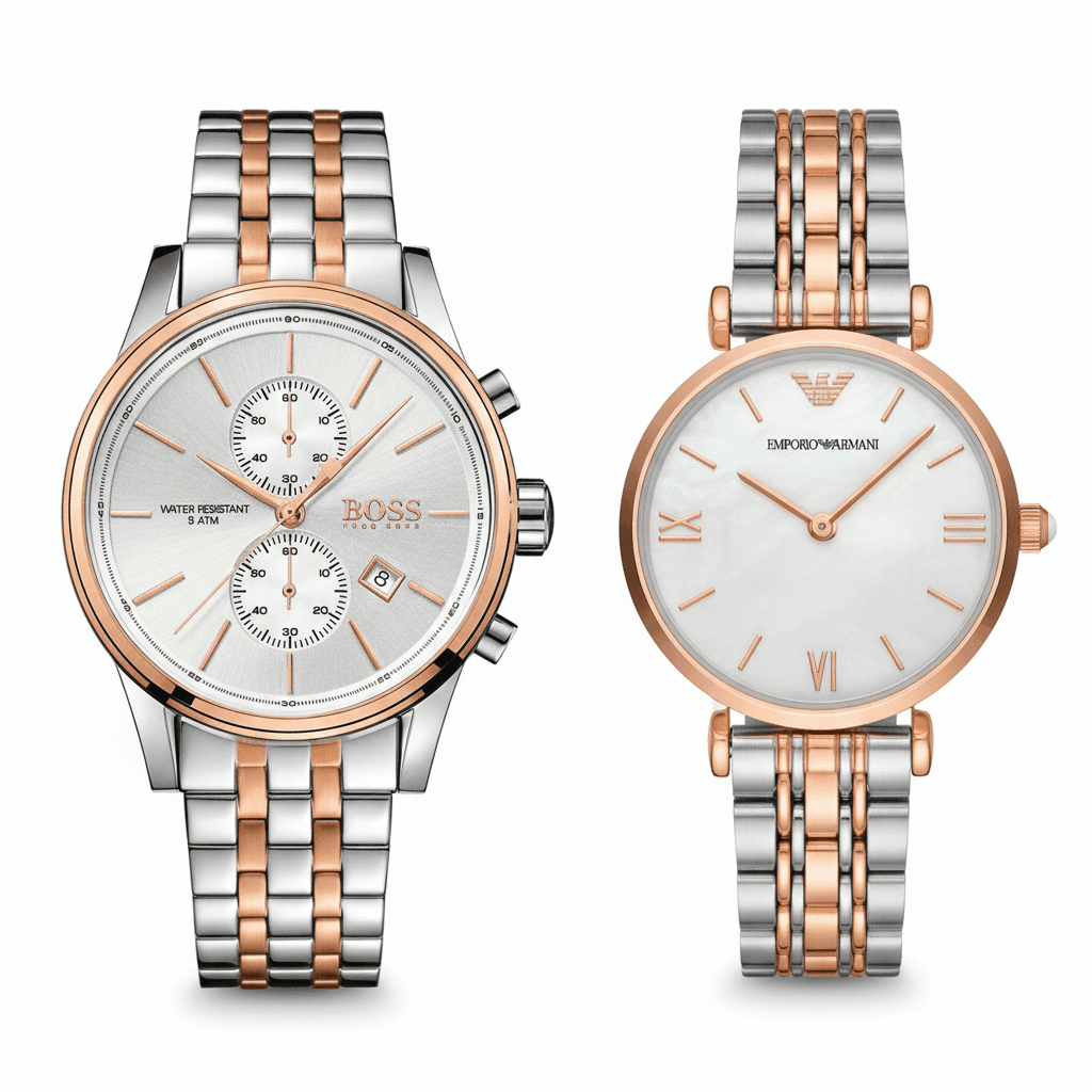 Montre Idée Cadeau Couple Luxe Bicolore : Duo Hugo Boss Jet & Armani Nacre (Argent et Or Rose)