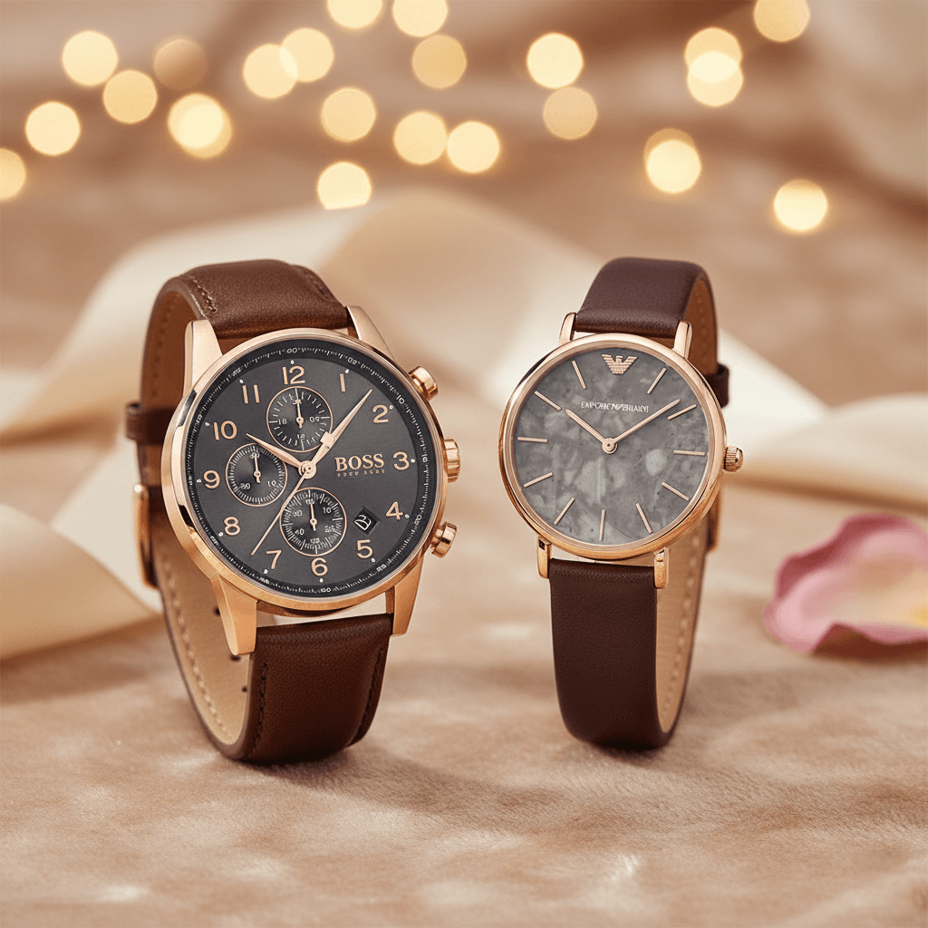 Montre Idée Cadeau Saint Valentin Couple Tendance : Le Duo Rose Gold & Cuir (Boss + Armani)