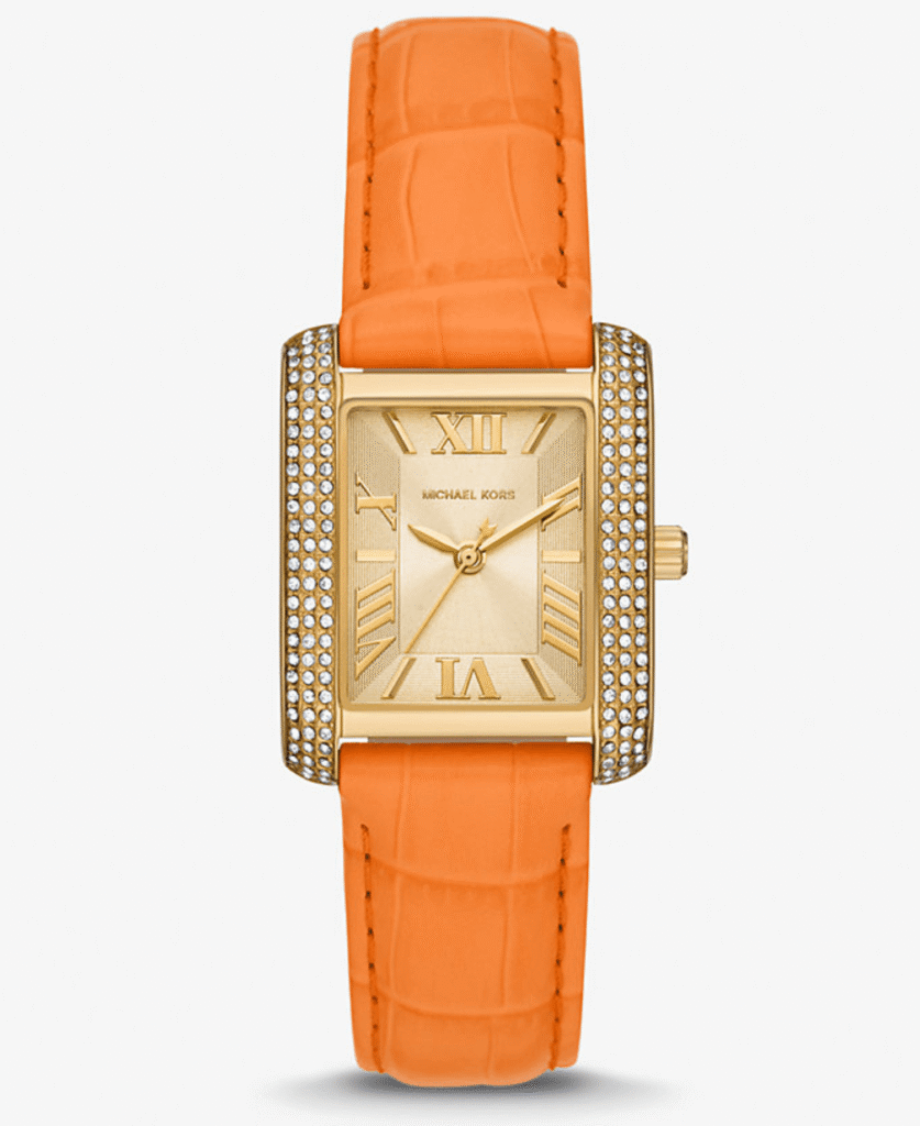 Montre Michael Kors Emery MK2983 – Dorée Pavé Cristaux & Cuir Orange Vif Femme