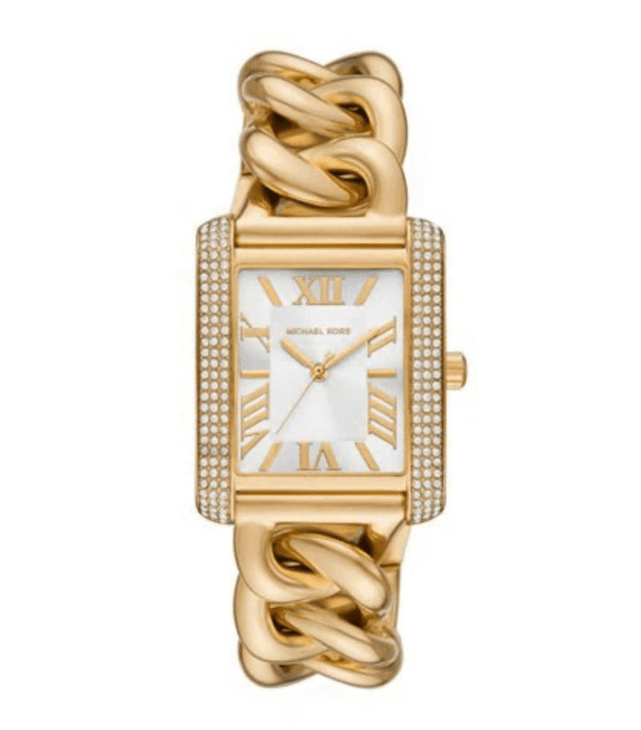 Montre Femme Michael Kors Emery MK7300 : Rectangulaire, Dorée et Bracelet Chaîne