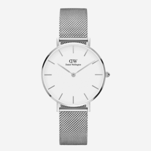 Montre Daniel Wellington Petite 28mm Argent – Mesh Blanc Femme Minimaliste