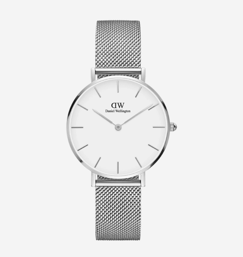 Montre Daniel Wellington Petite 28mm Argent – Mesh Blanc Femme Minimaliste