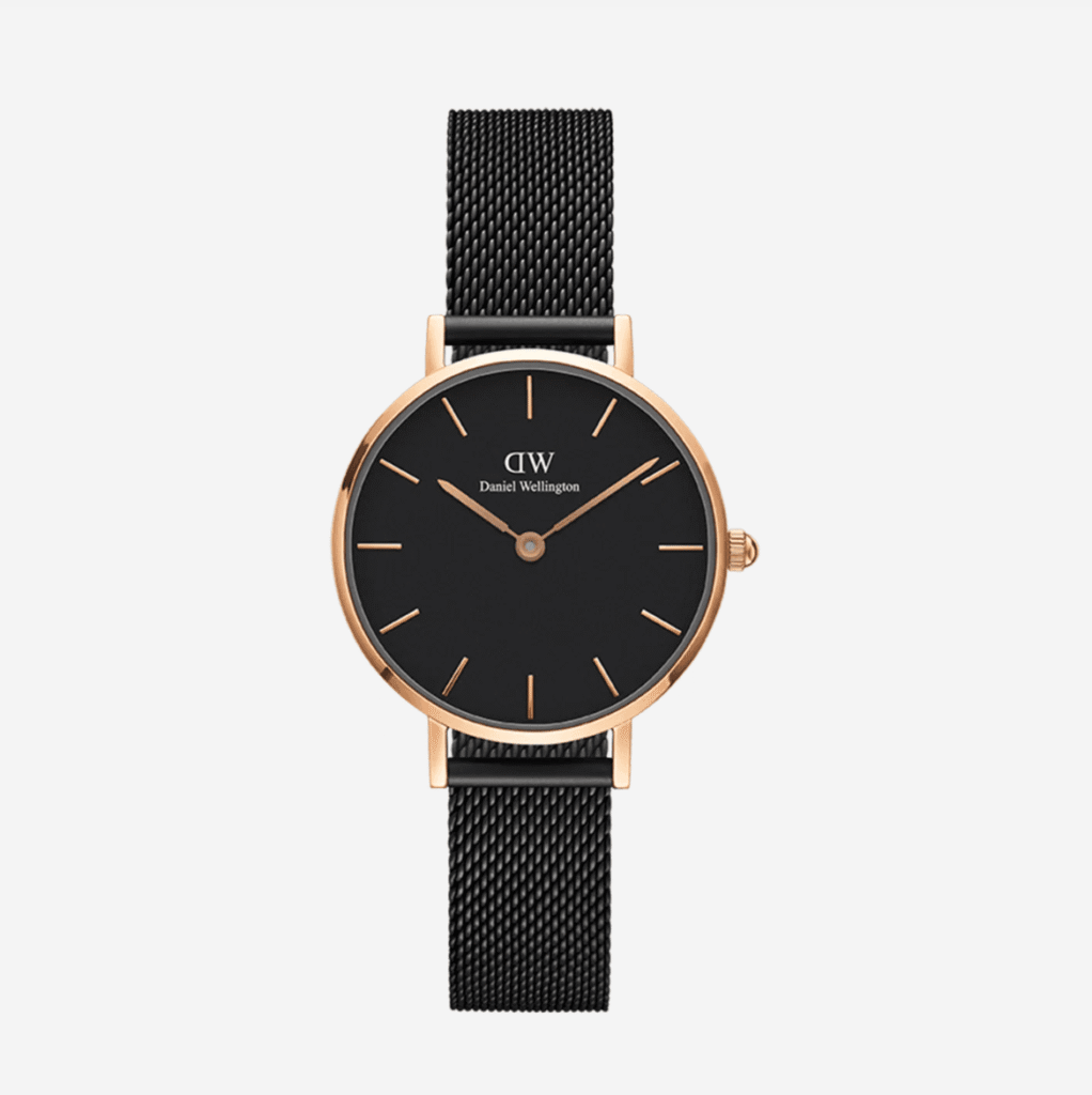 Montre Daniel Wellington Classic Petite 28mm Noir – Mesh Noir Cadran Noir Femme