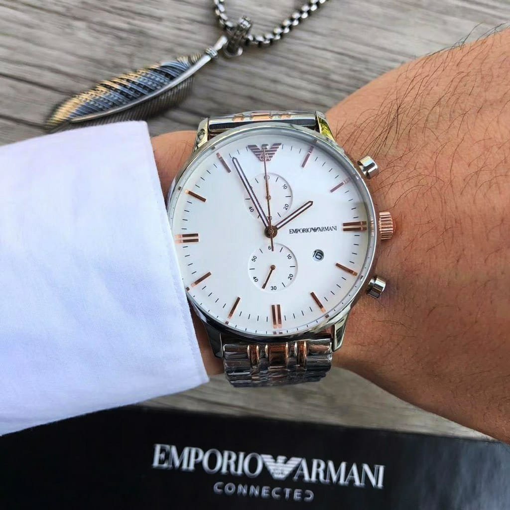 Montre Homme Emporio Armani New Retro AR0399 Chronographe Acier et Or Rose – Image 3