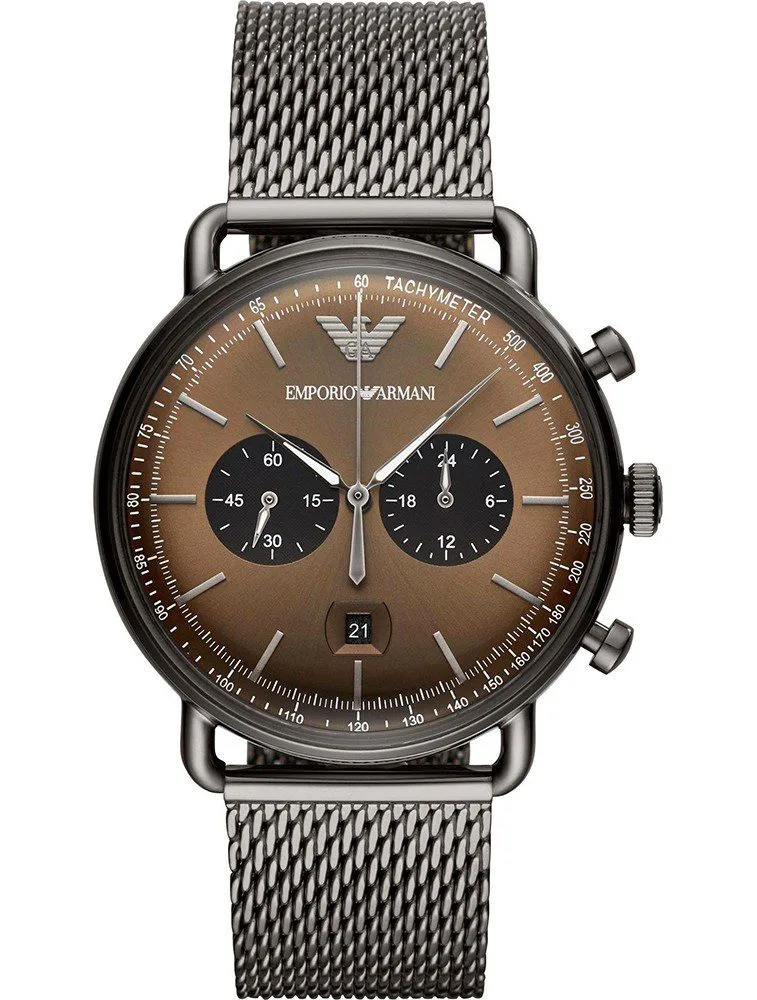 Montre Homme Emporio Armani Aviator AR11141 Chronographe Cadran Marron Bracelet Maille Milanaise
