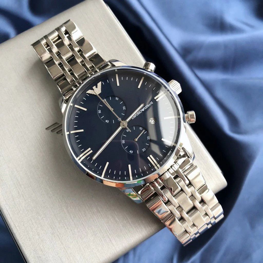Montre Homme Emporio Armani New Retro AR1648 Chronographe Argenté et Bleu - الصورة 3