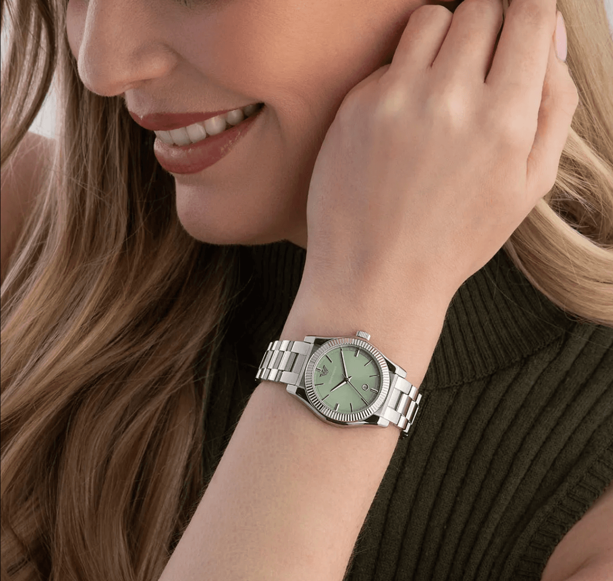 Montre Femme Emporio Armani Federica Acier Argenté 32mm (Cadran Nacre, Vert ou Rose) – Image 5