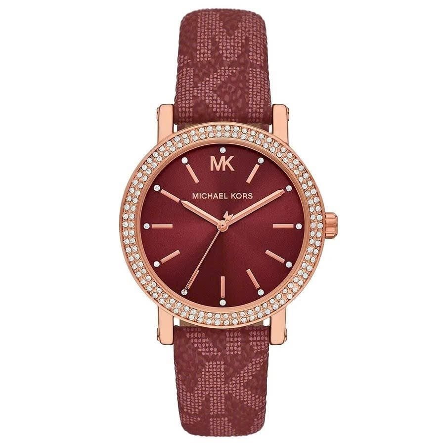 Montre Femme Michael Kors Corey MKO1025 Or Rose Cuir Rouge Cristaux 32mm