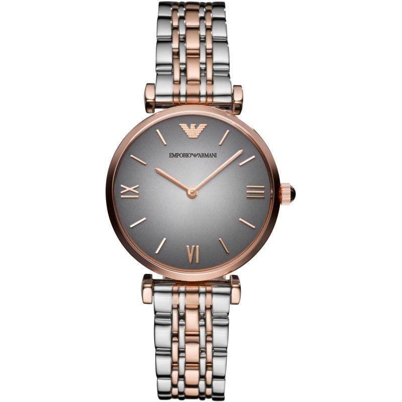 Montre Femme Emporio Armani Gianni T-bar AR1725 Bicolore Or Rose Cadran Gris 32mm
