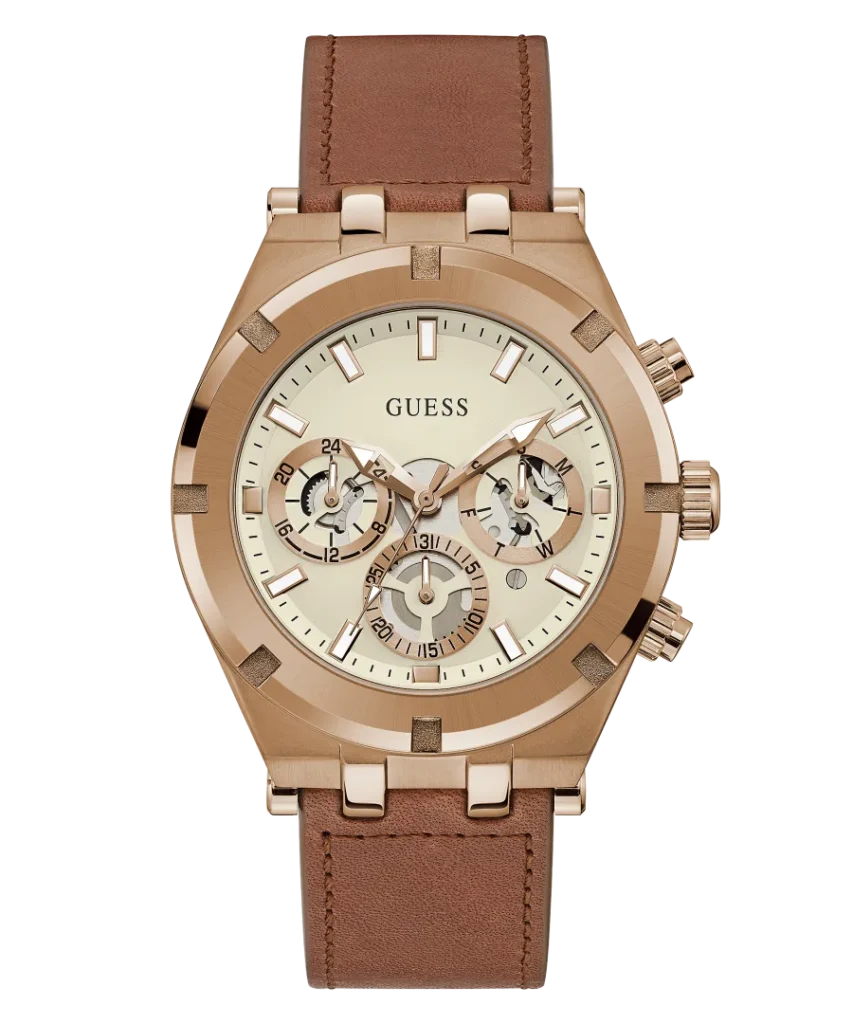 Montre Guess GW0262G3 Homme — Boîtier Acier 44 mm, Cadran Blanc Cassé & Bracelet Cuir Marron