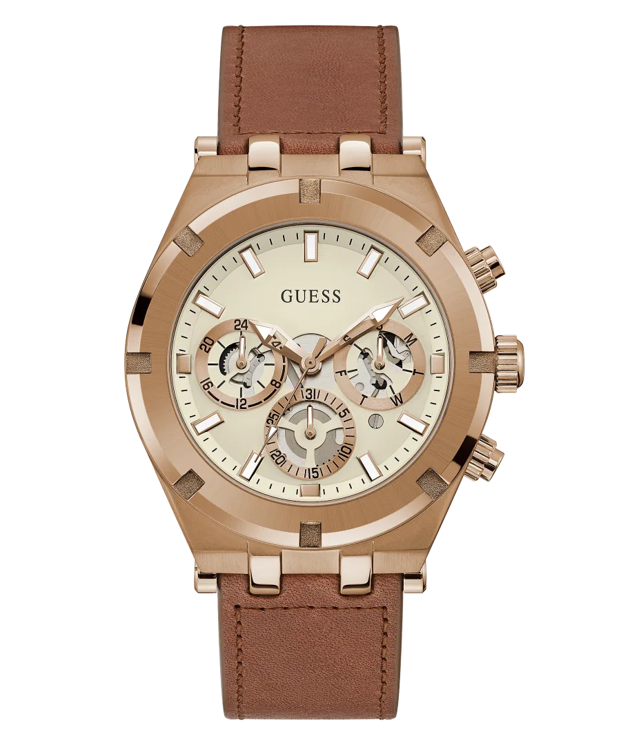Montre Guess GW0262G3 Homme — Boîtier Acier 44 mm, Cadran Blanc Cassé & Bracelet Cuir Marron