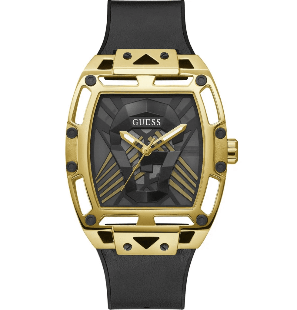 Montre Guess GW0500G1 Legend Homme Carrée Cadran Noir Bracelet Silicone Doré Quartz