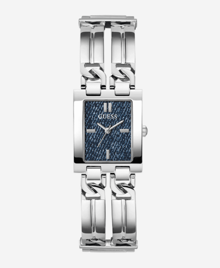 Montre Femme Guess GW0807L1 : Boîtier Rectangulaire Argenté et Cadran Denim Bleu
