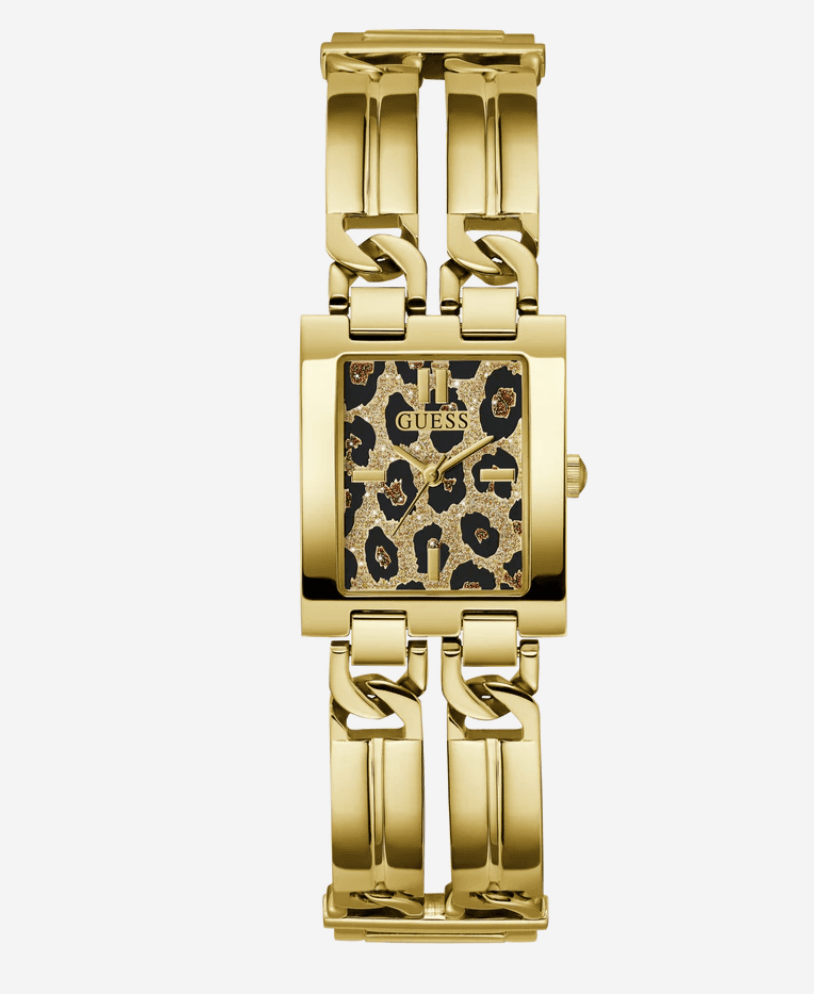 Montre Femme Guess GW0807L2 : Boîtier Rectangulaire Doré et Cadran Léopard